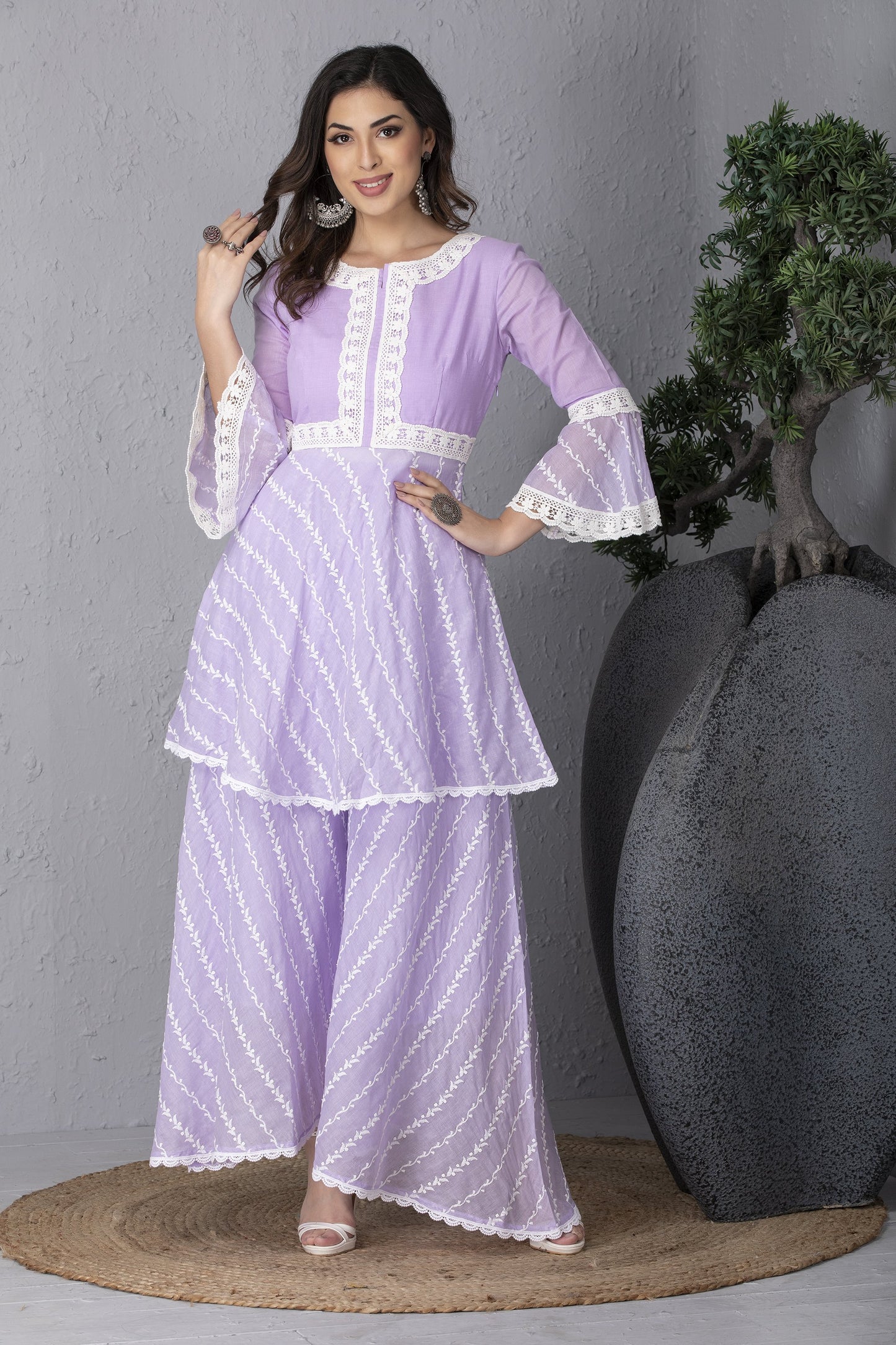 Mauve Embroidered Kurta Set With Dupatta