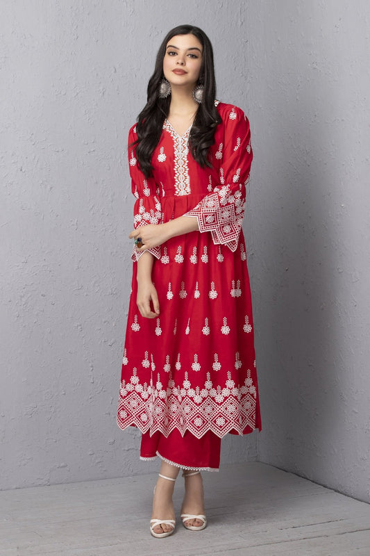 Red Chikankari Floral Motif Mul Kurta Set