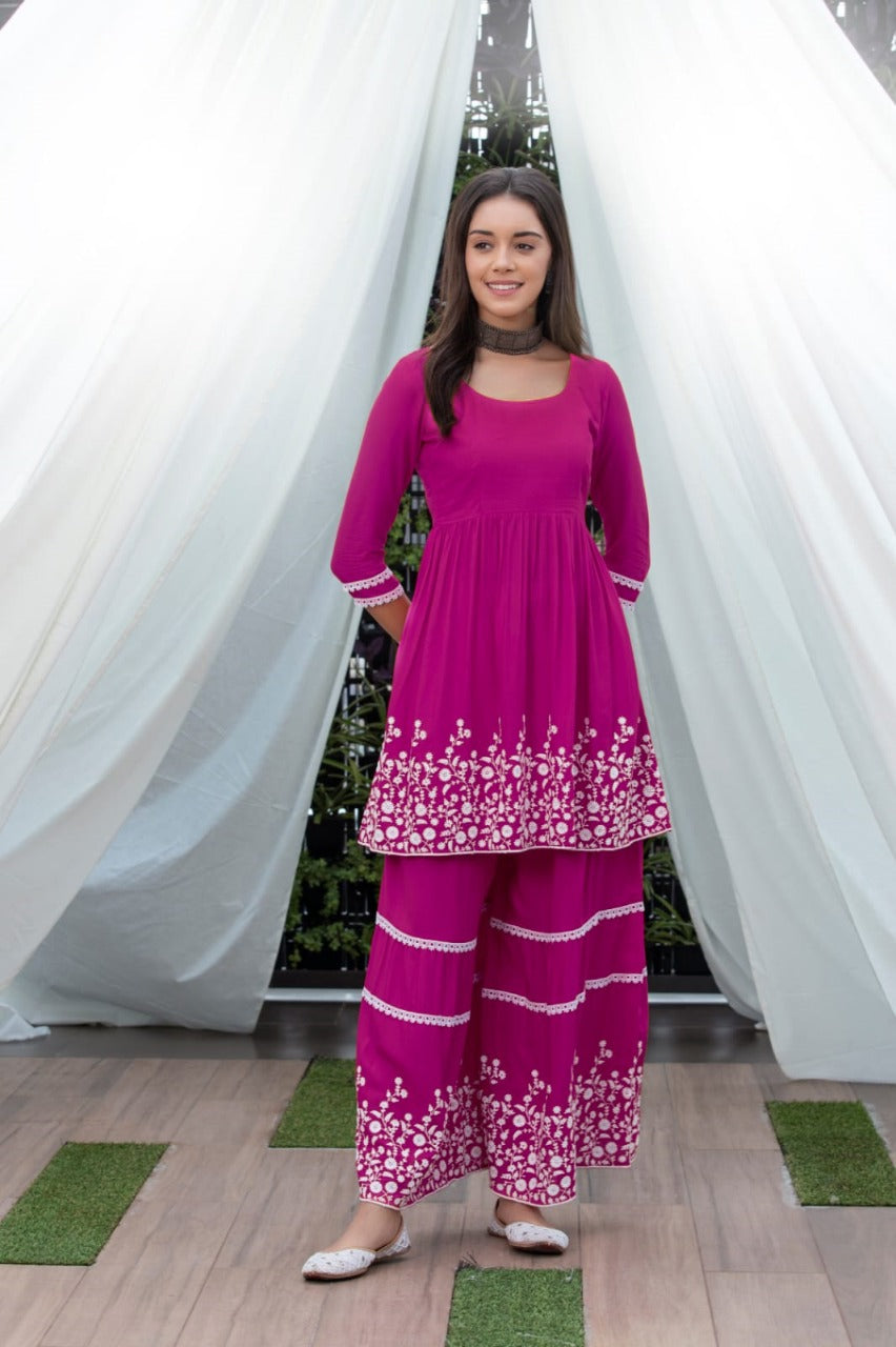 Plum Flared Embroidered Kurta Set