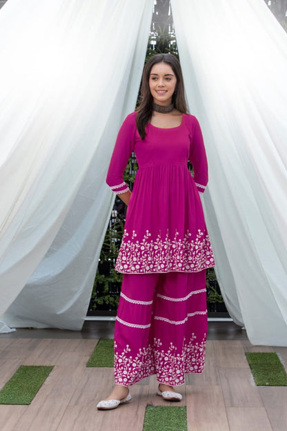 Plum Flared Embroidered Kurta Set