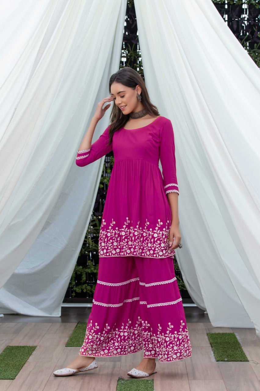 Plum Flared Embroidered Kurta Set