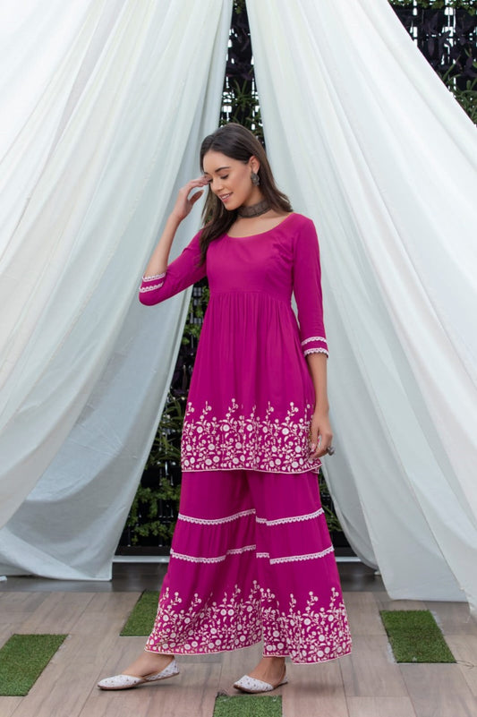 Plum Flared Embroidered Kurta Set