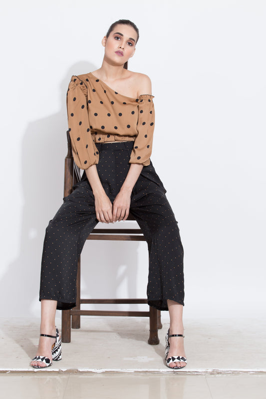 Polka crop top and black polka pant co-ord set