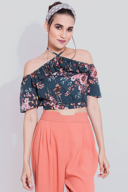 Teal Floral Halter Neck Crop Top - Sewandyou.com