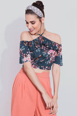 Teal Floral Halter Neck Crop Top For Women - Sewandyou.com