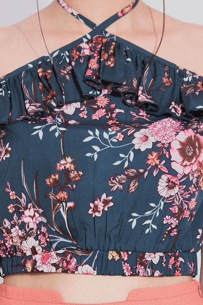 Teal Floral Halter Neck Crop Top