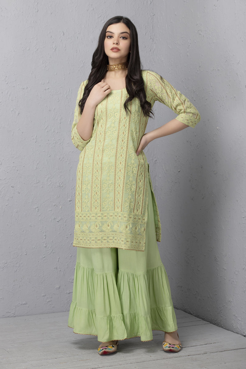 Lime and Gold Embroidered Kurta Set