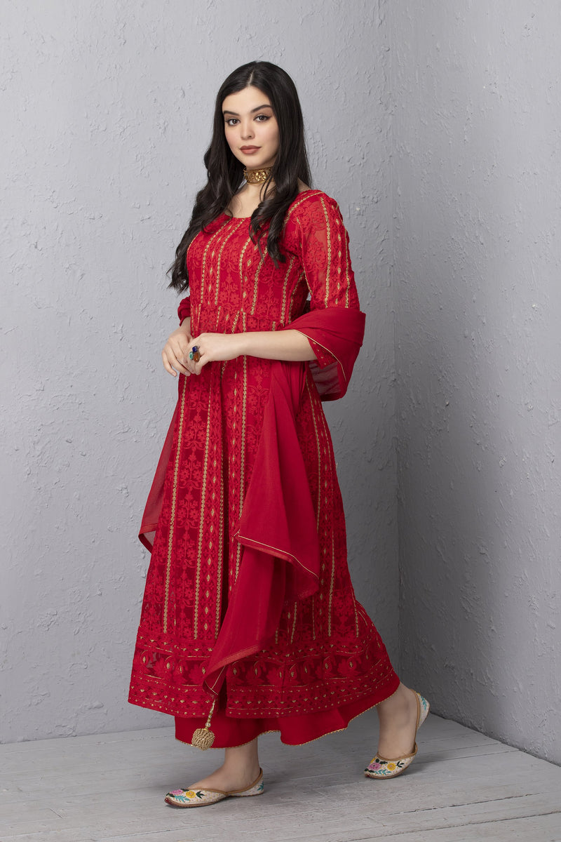 Hand Chikan Embroidery Red Georgette Lucknowi Chikankari Short Straight  Kurti | eBay