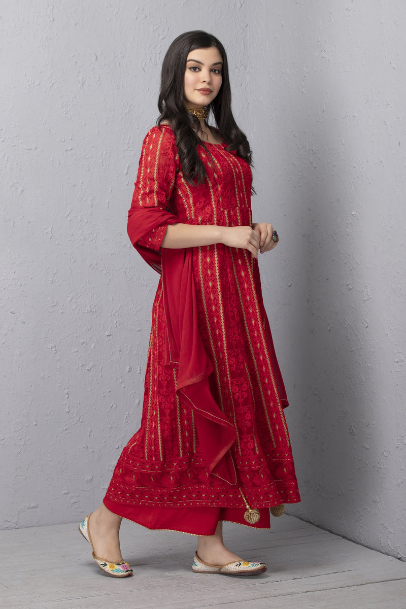 Buy a Red Chikankari Suit Set & Designer Dupatta for Women Online | Kaajh