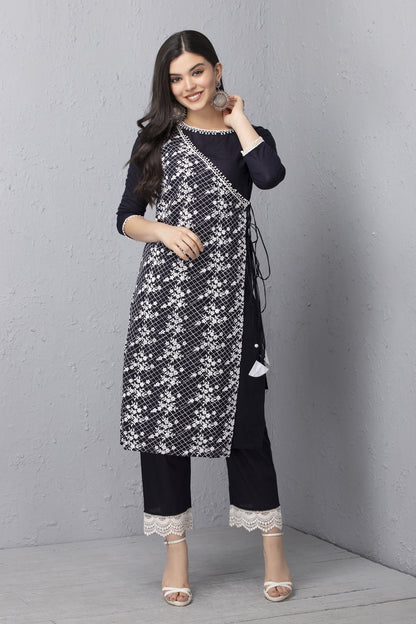 Navy Embroidered Mul Kurta Set with Dupatta