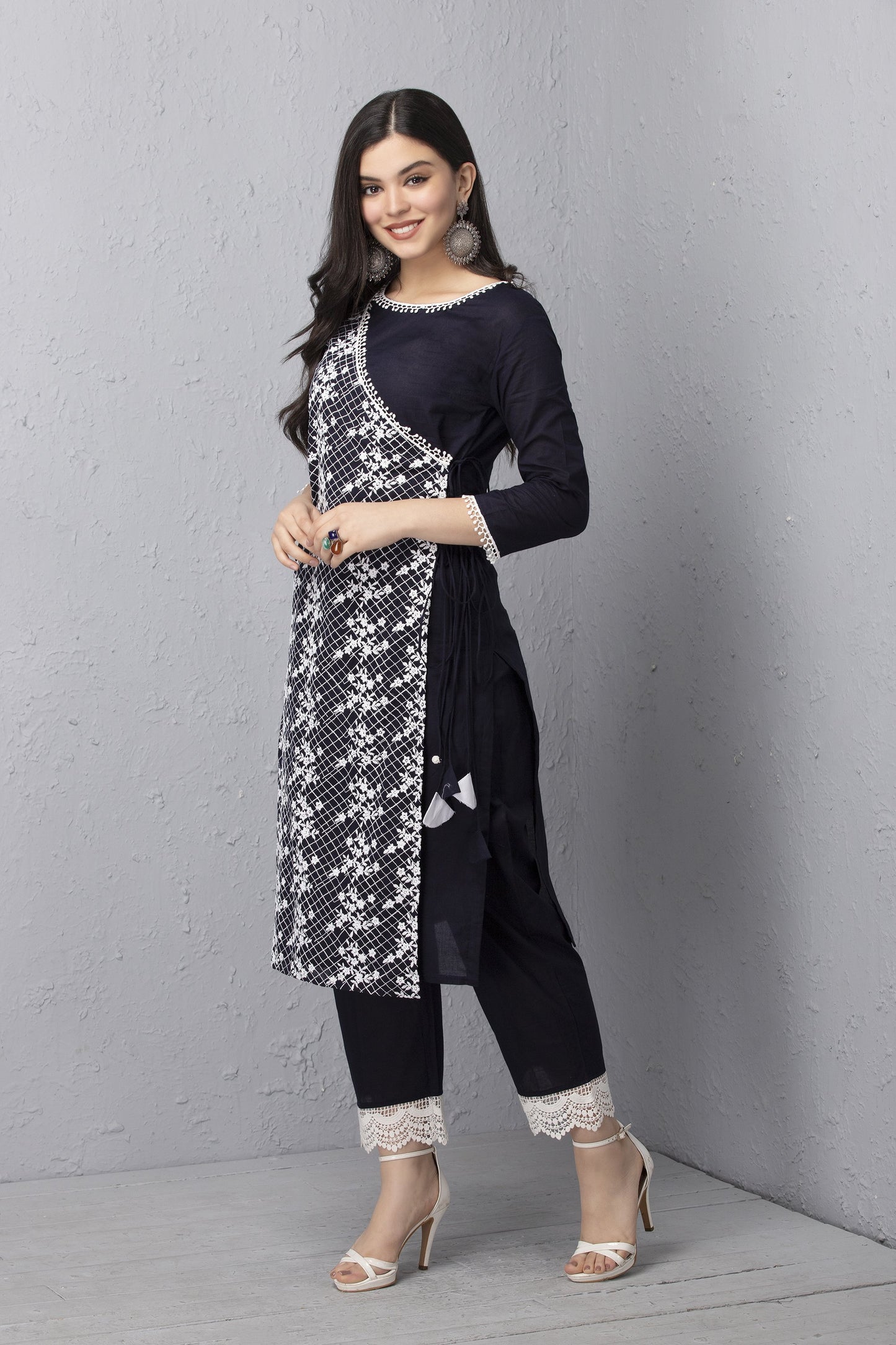 Navy Embroidered Mul Kurta Set with Dupatta