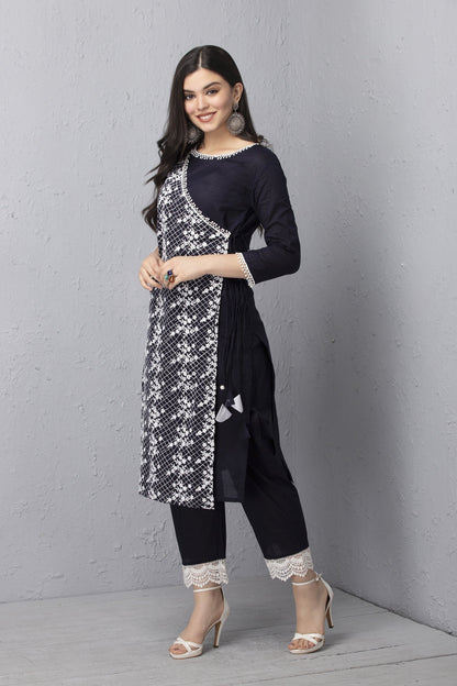 Navy Embroidered Mul Kurta Set with Dupatta