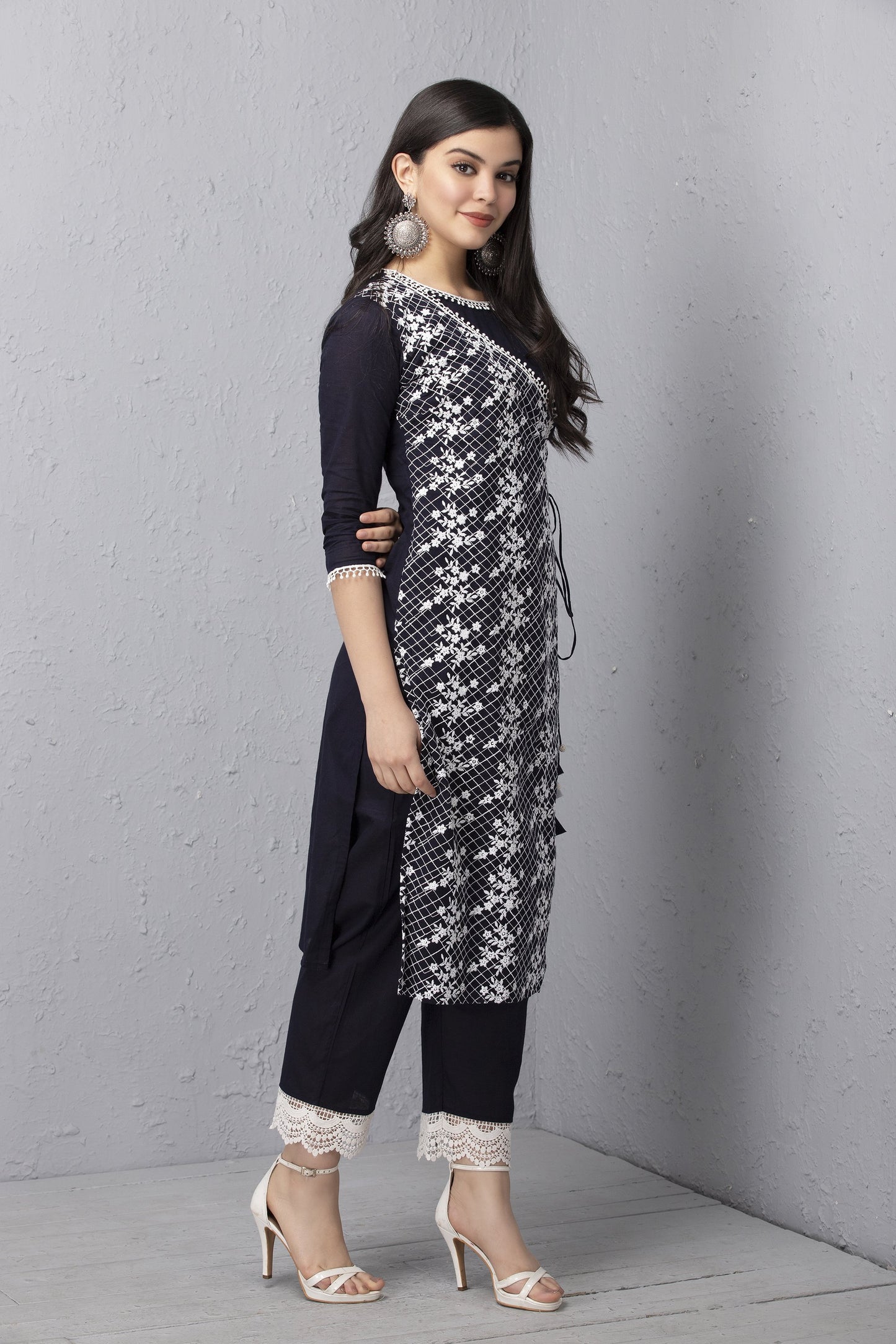 Navy Embroidered Mul Kurta Set with Dupatta