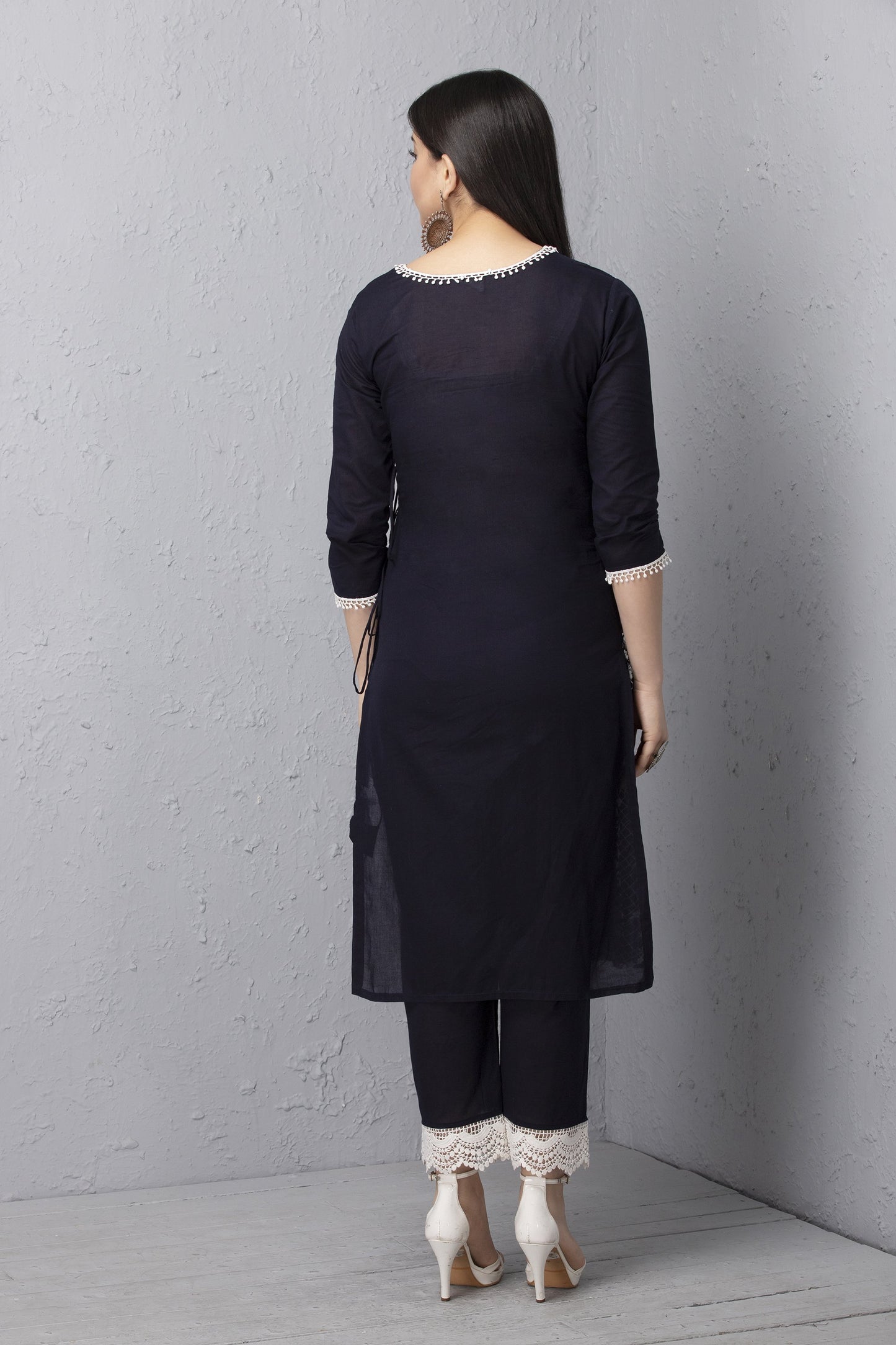 Navy Embroidered Mul Kurta Set with Dupatta