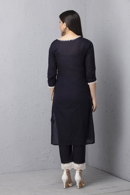 Navy Embroidered Mul Kurta Set with Dupatta