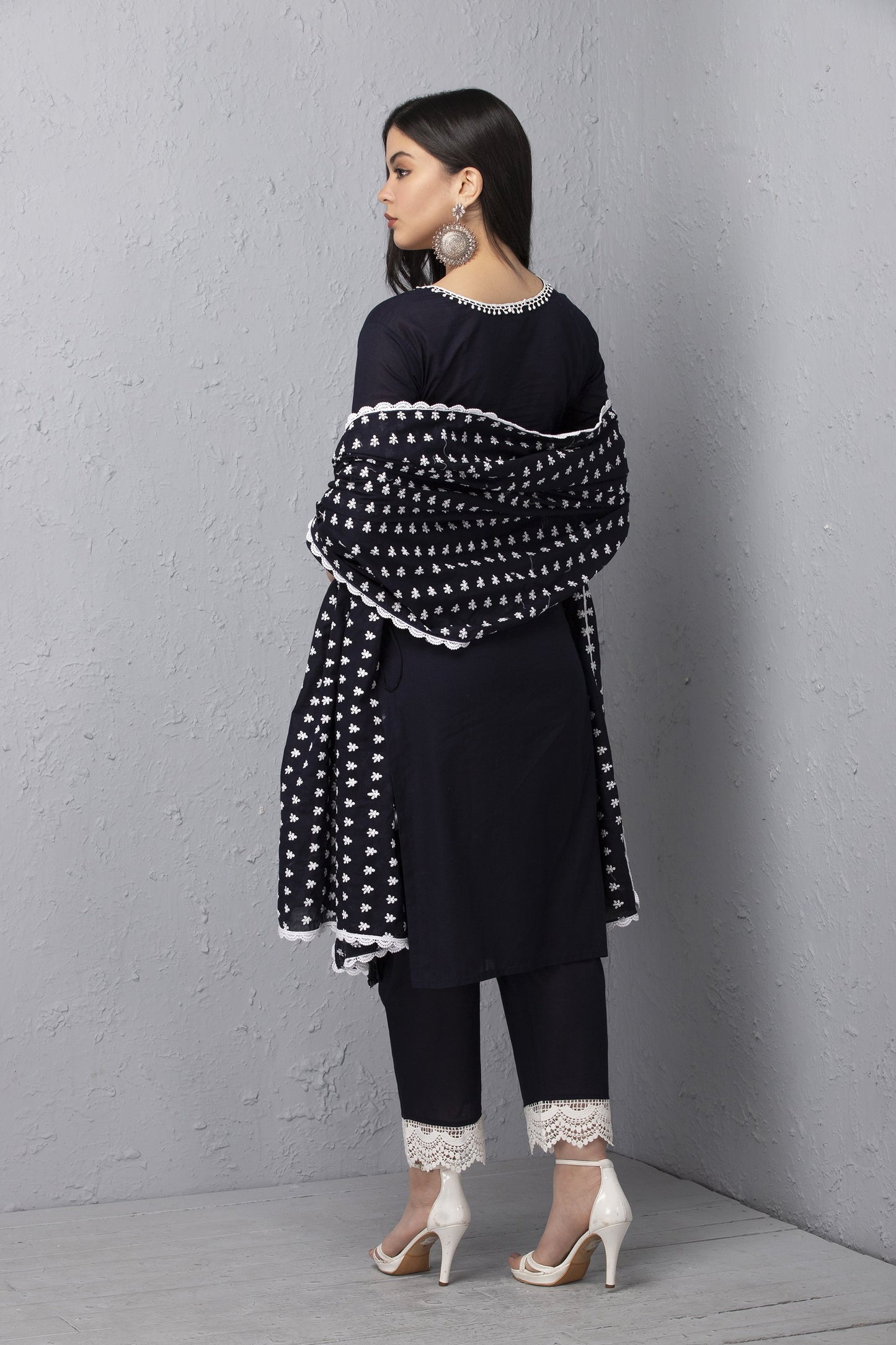 Navy Embroidered Mul Kurta Set with Dupatta