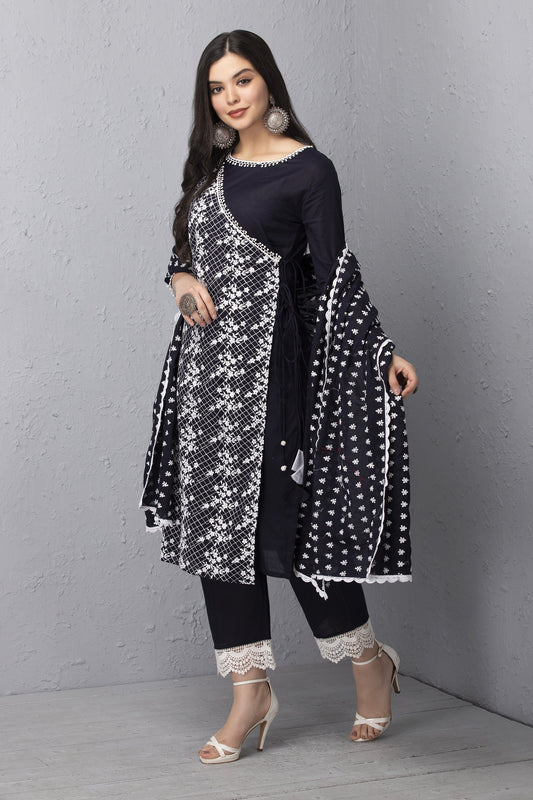 Navy Embroidered Mul Kurta Set with Dupatta