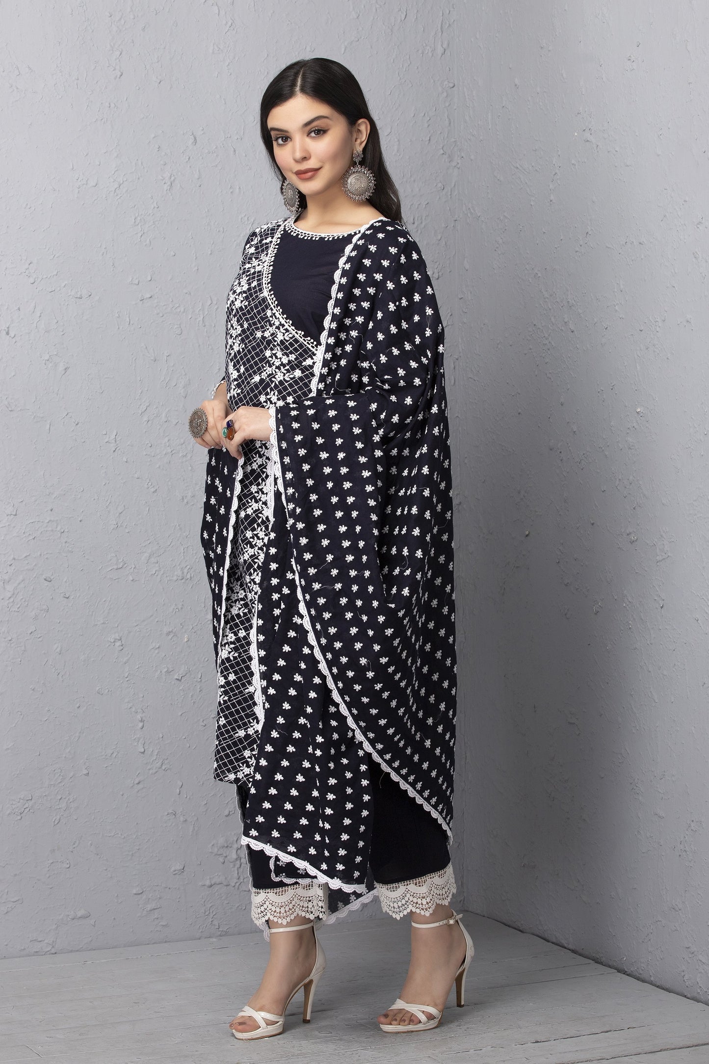 Navy Embroidered Mul Kurta Set with Dupatta