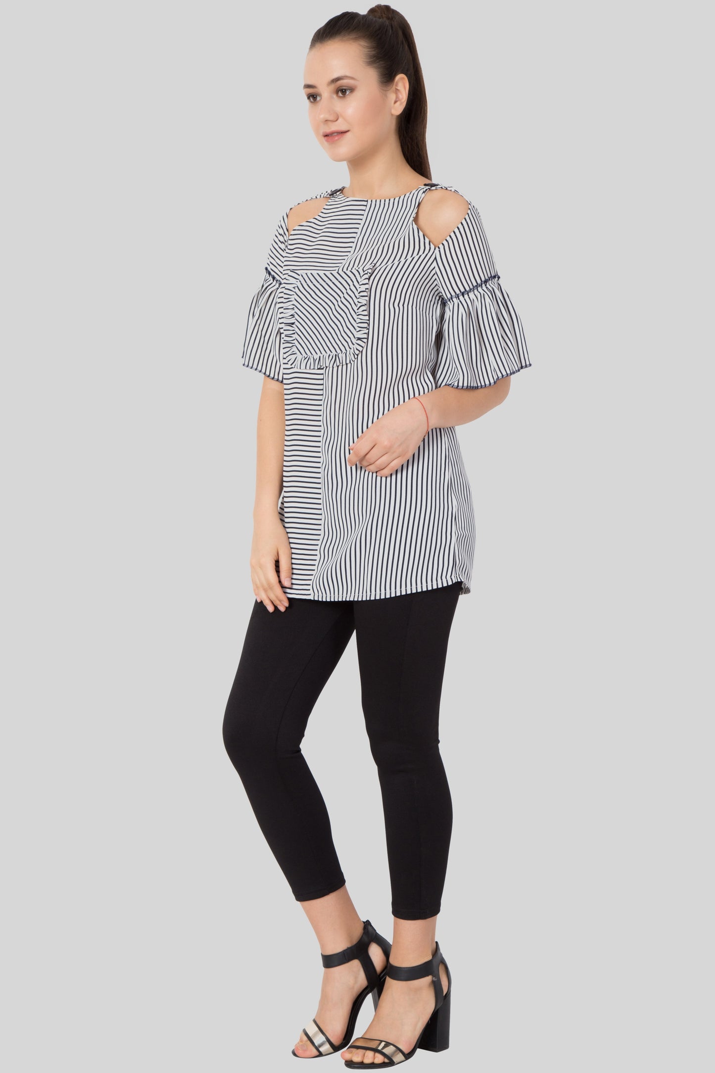 Women Striped Keyhole Frill Neck Blouse TOP- Sewandyou.com