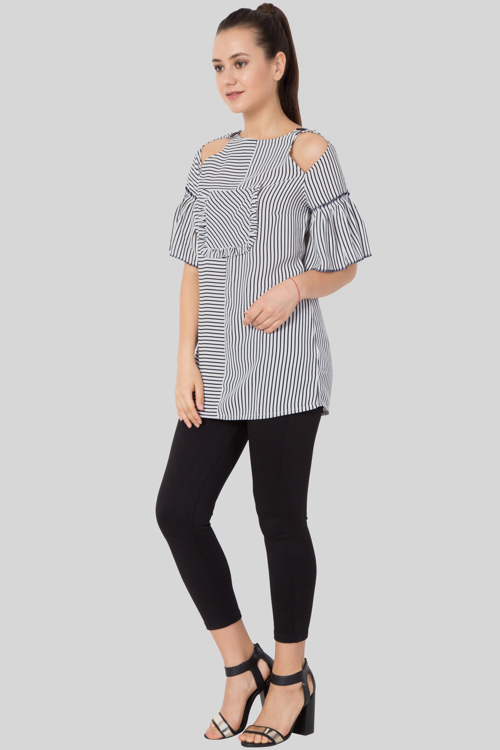 Women Striped Keyhole Frill Neck Blouse TOP- Sewandyou.com