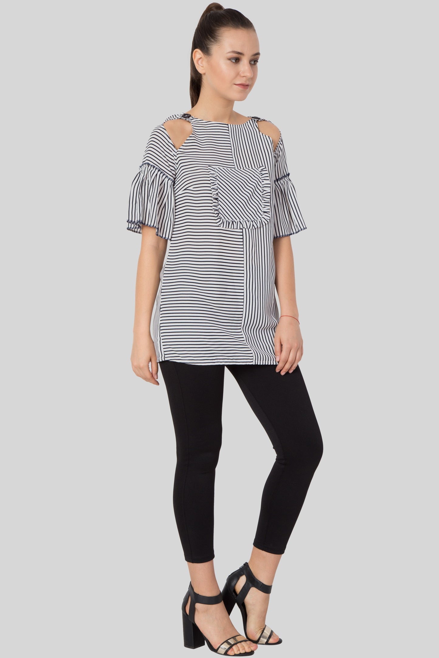 Striped Keyhole Frill Neck Blouse For Girls - sewandyou.com