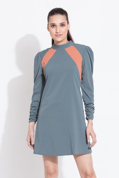 Grey Panelled Yoke Short Dress