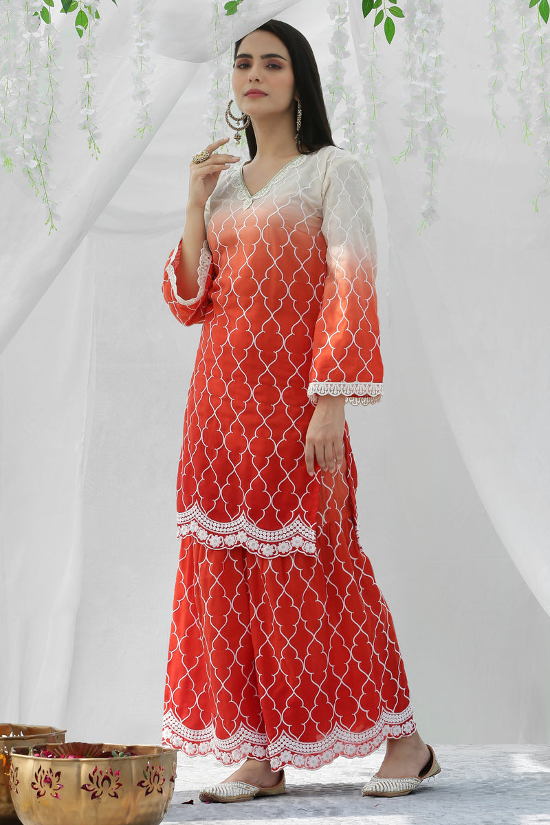 Coral Ombre Embroidered Kurta Set