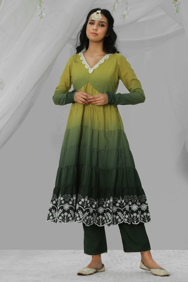 Lime Ombre Flared Embroidered Kurta Set