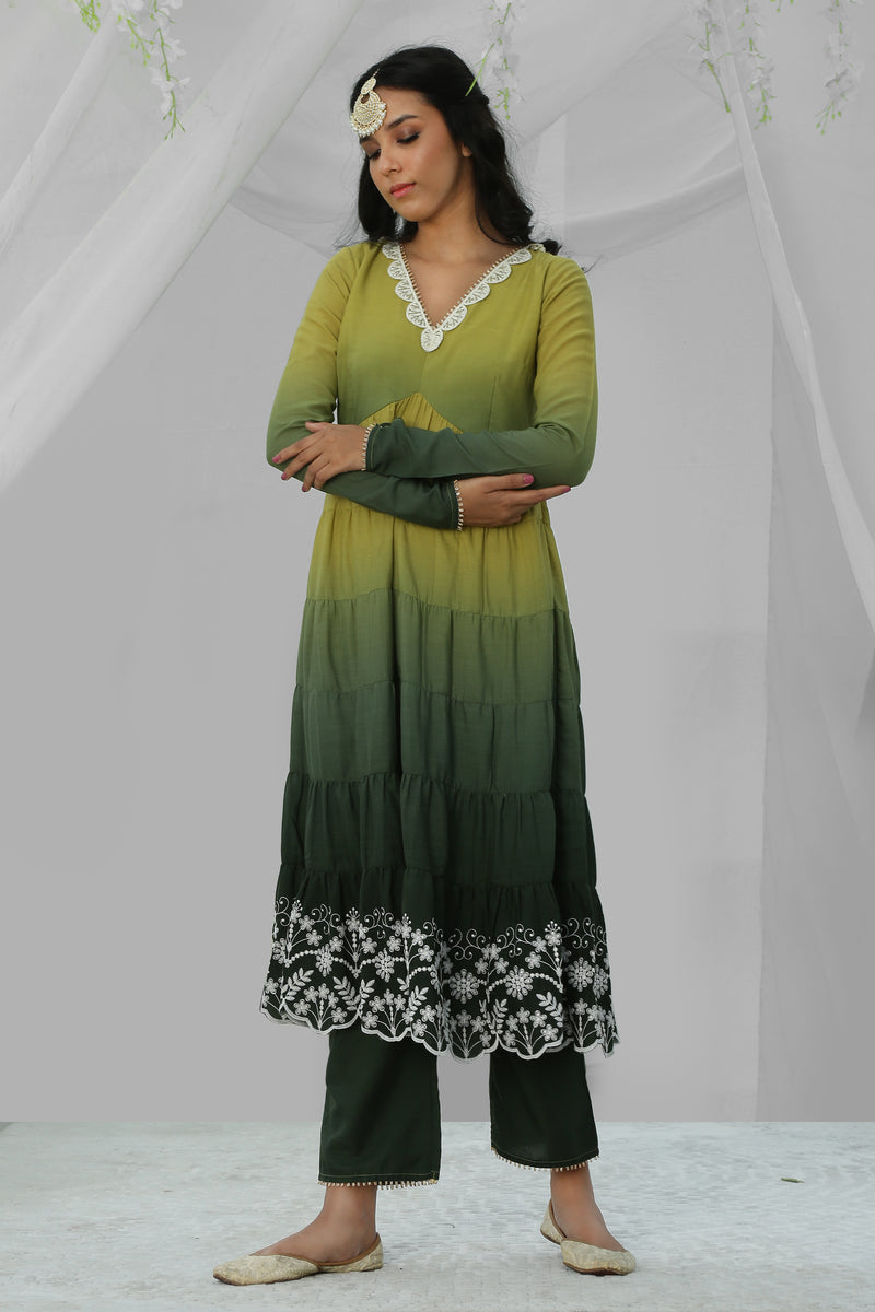 Lime Ombre Flared Embroidered Kurta Set