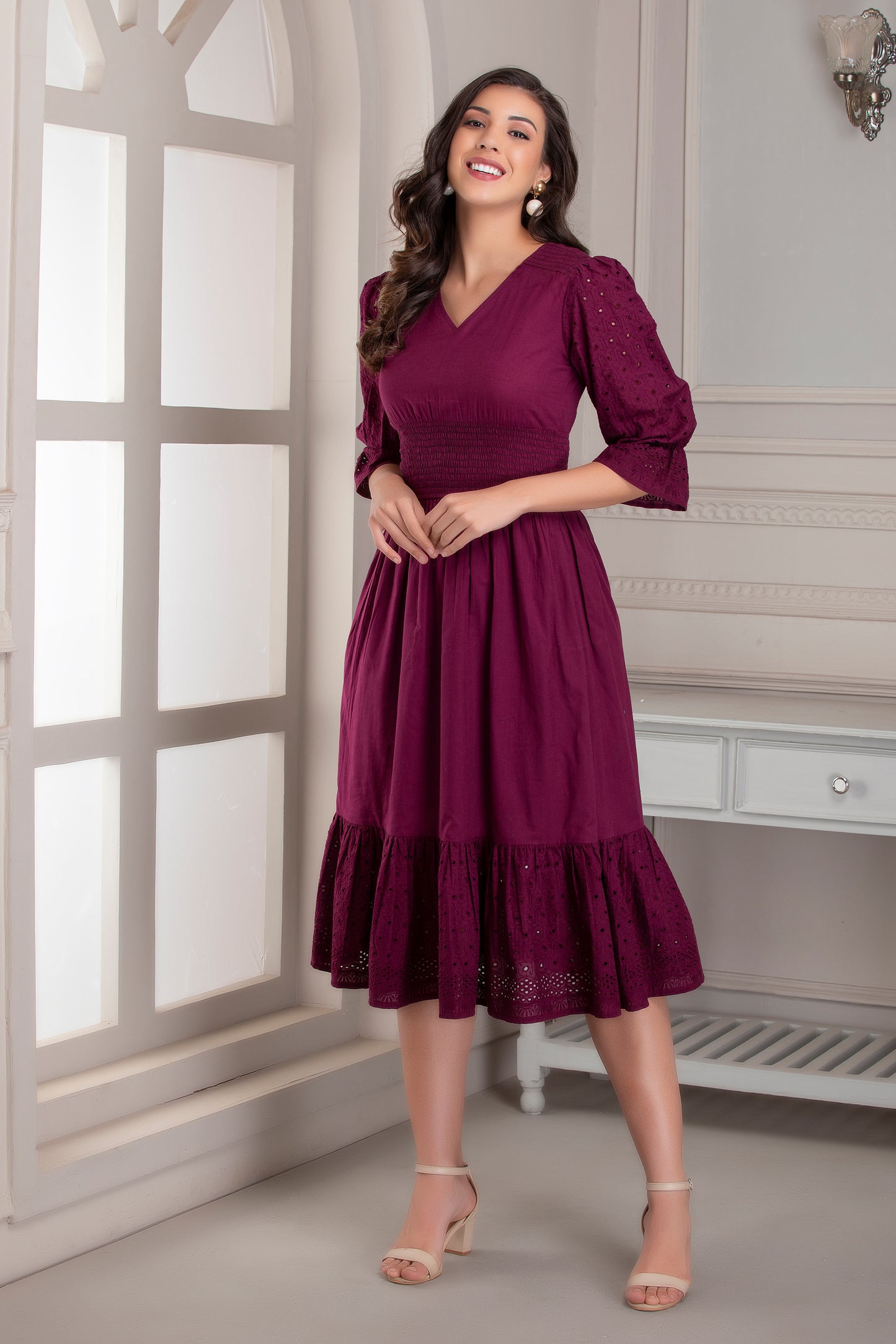 Wine Cotton Embroidered Midi Dress