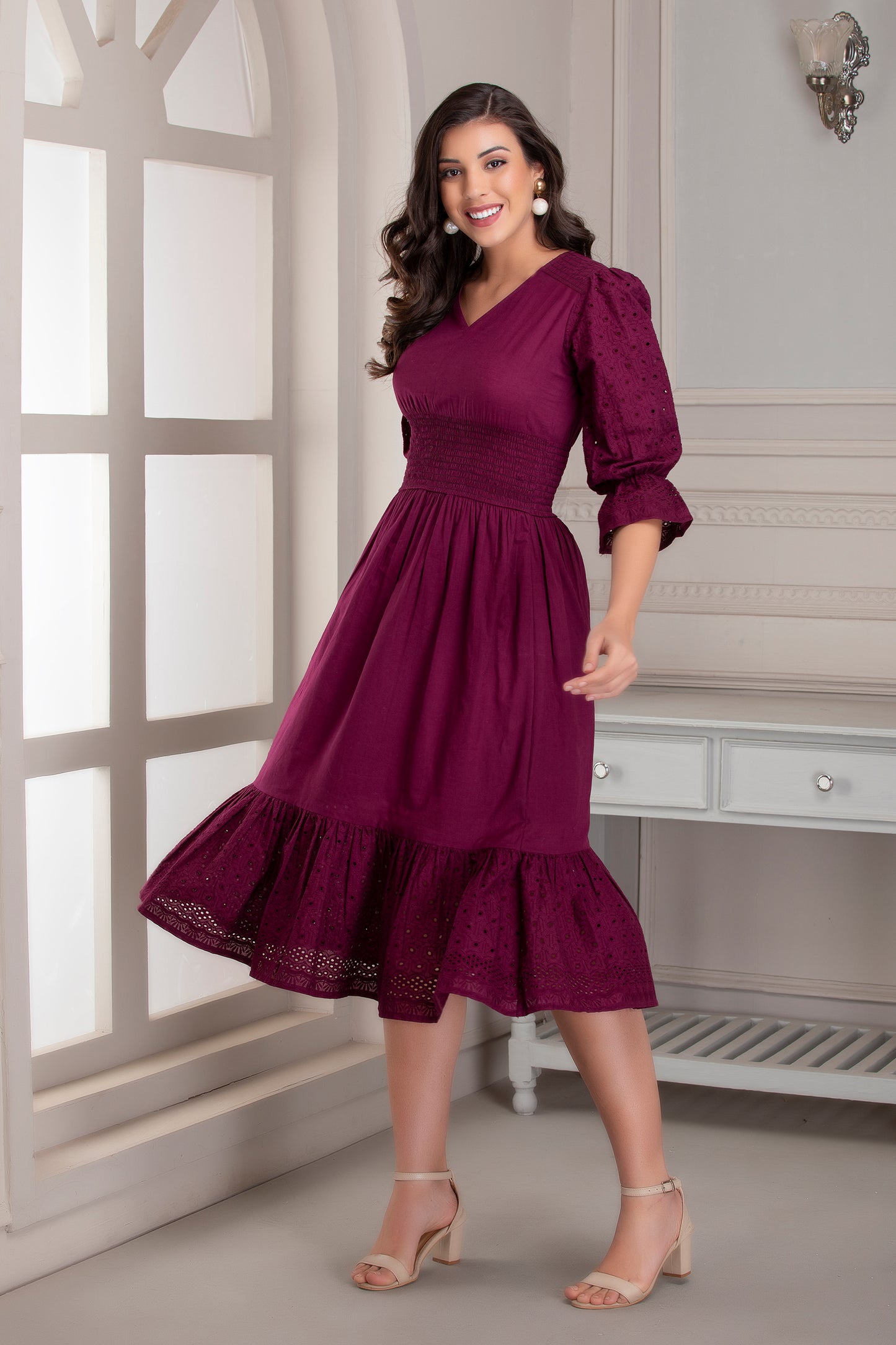 Wine Cotton Embroidered Midi Dress