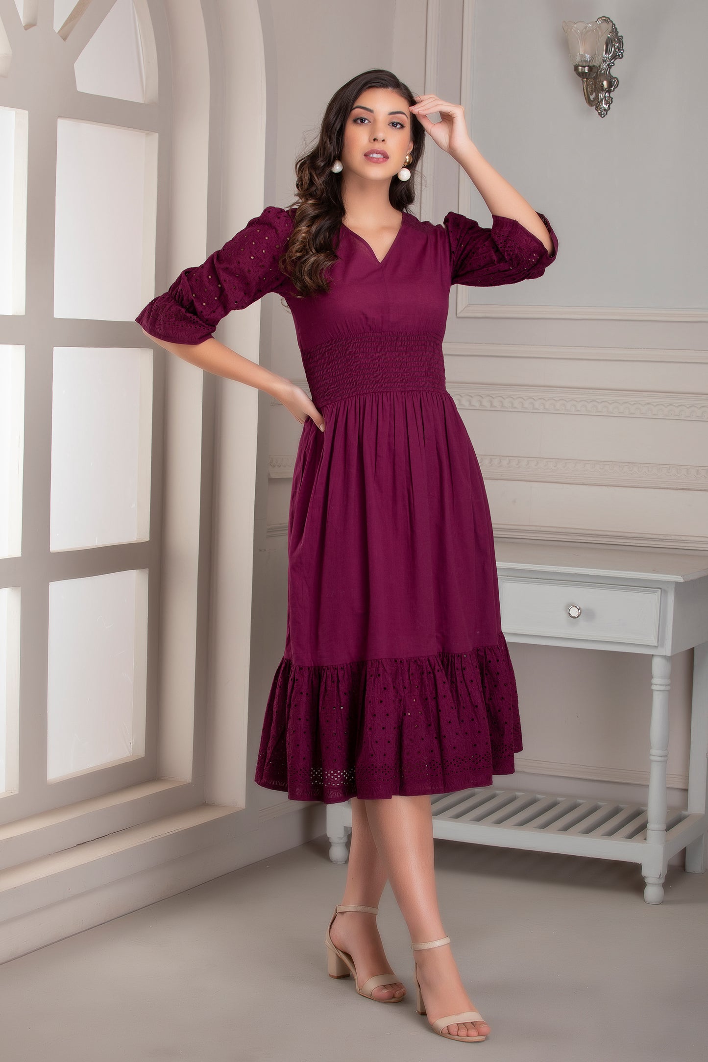 Wine Cotton Embroidered Midi Dress