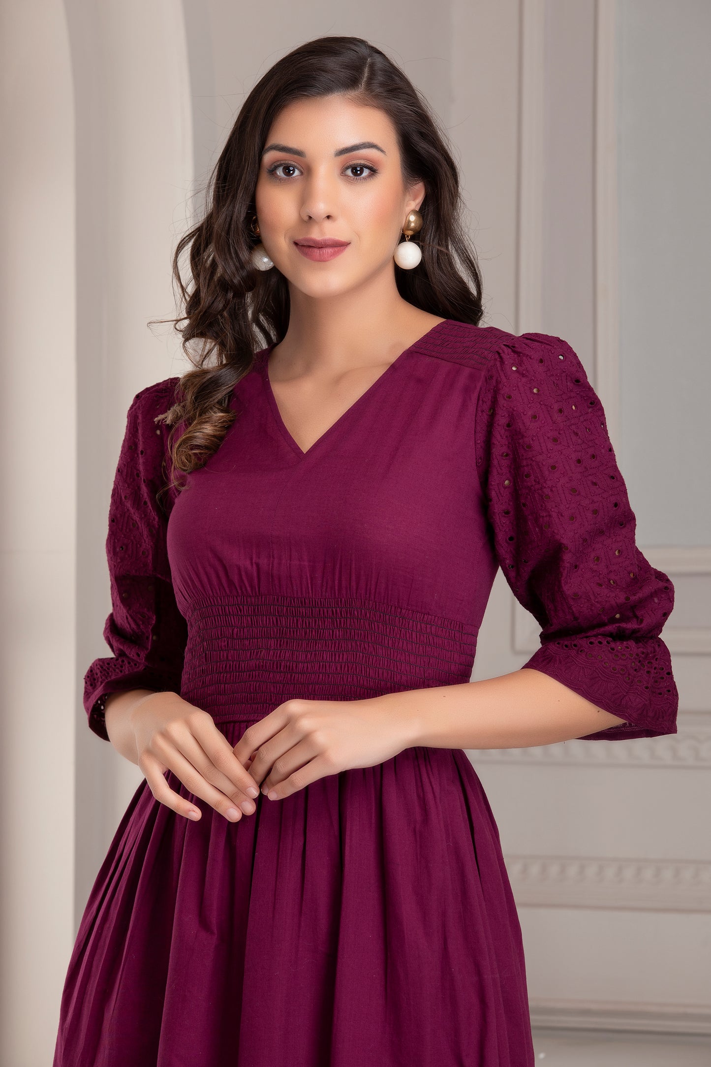 Wine Cotton Embroidered Midi Dress