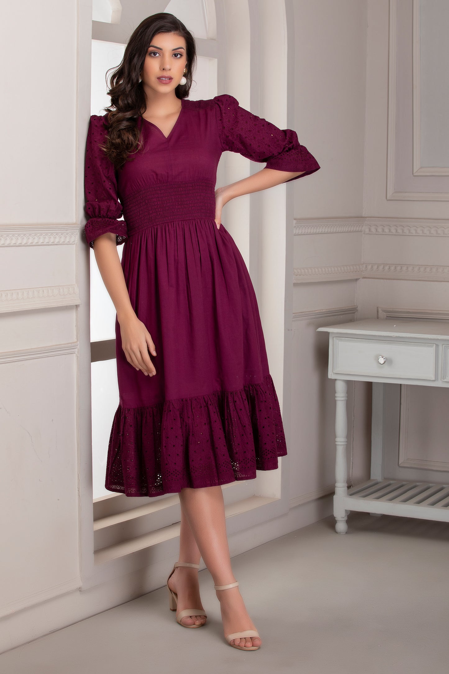 Wine Cotton Embroidered Midi Dress