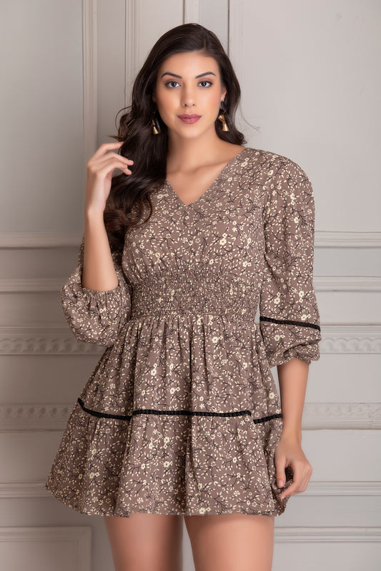 Brown Floral Short Dress