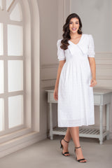 White Long Collar Schiffli Dress
