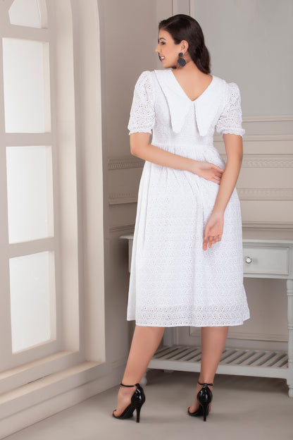 White Long Collar Schiffli Dress