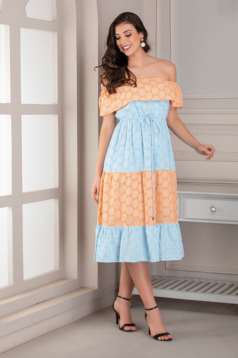 Peach and Sky Embroidered Midi Dress
