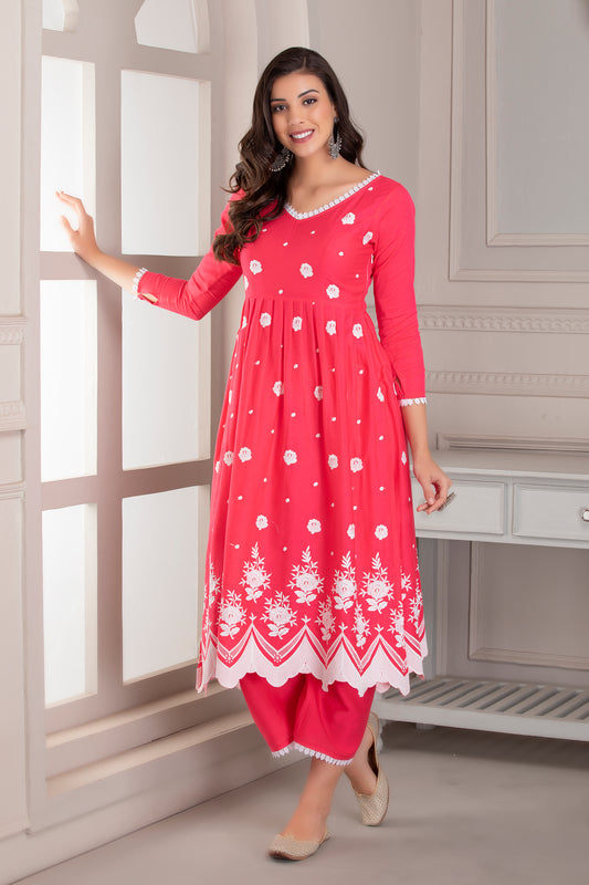 Hot Pink Floral Embroidered Kurta Set