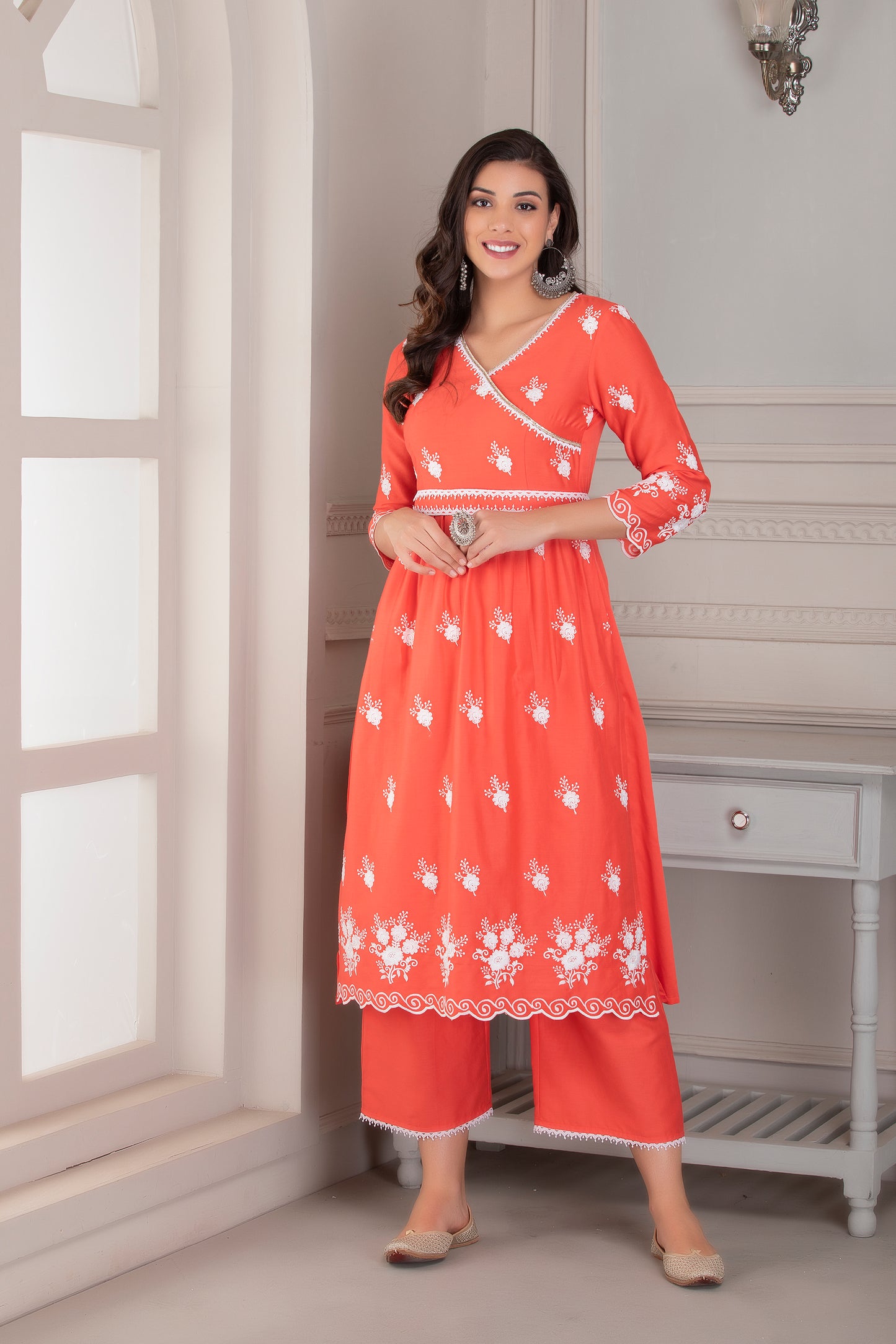 Coral Floral Motif Kurta Set with Belt