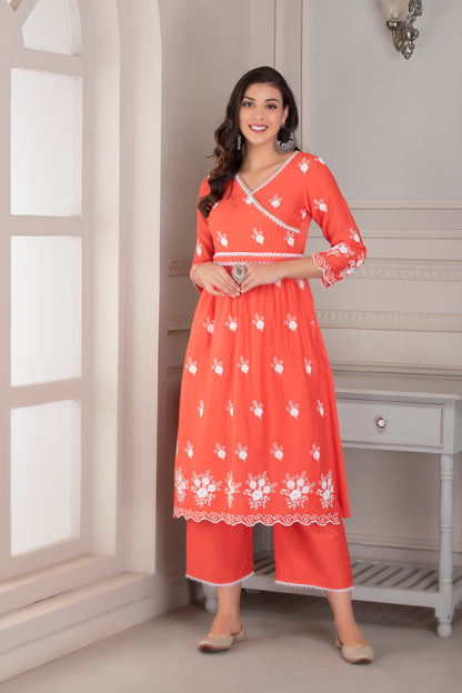 Coral Floral Motif Kurta Set with Belt