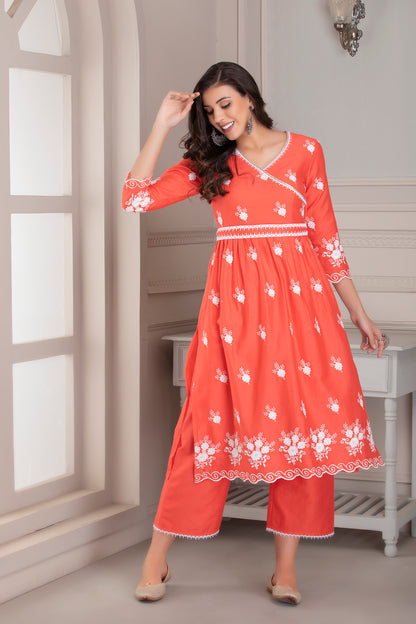 Coral Floral Motif Kurta Set with Belt