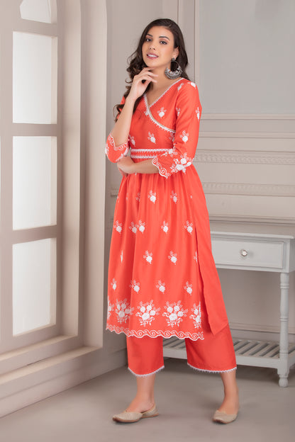 Coral Floral Motif Kurta Set with Belt