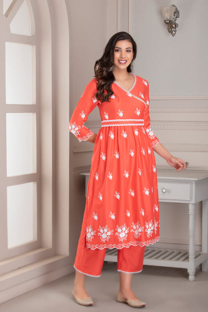 Coral Floral Motif Kurta Set with Belt