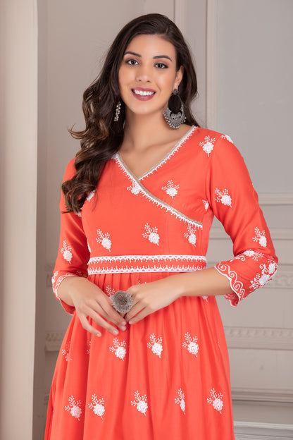 Coral Floral Motif Kurta Set with Belt