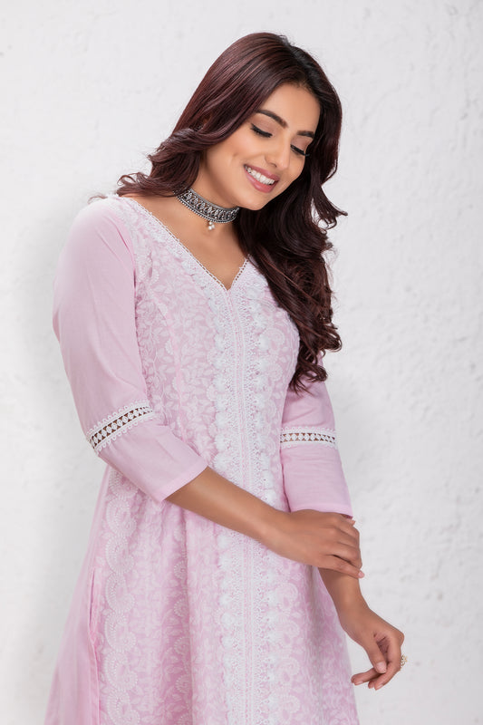 Pink Lucknowi Chikankari Kurta Set
