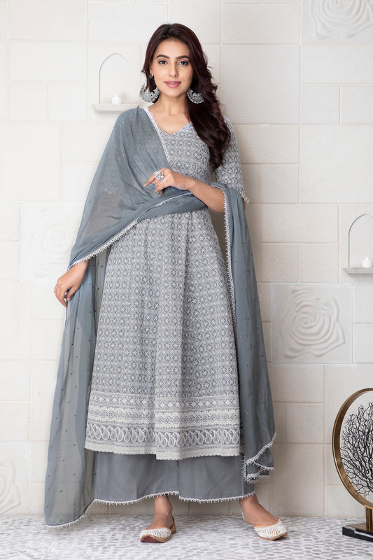 Grey Chikankari Kurta Set With Dupatta