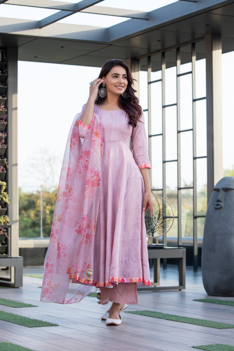 Rose Sequence Embroidered Kurta Set with Organza Dupatta