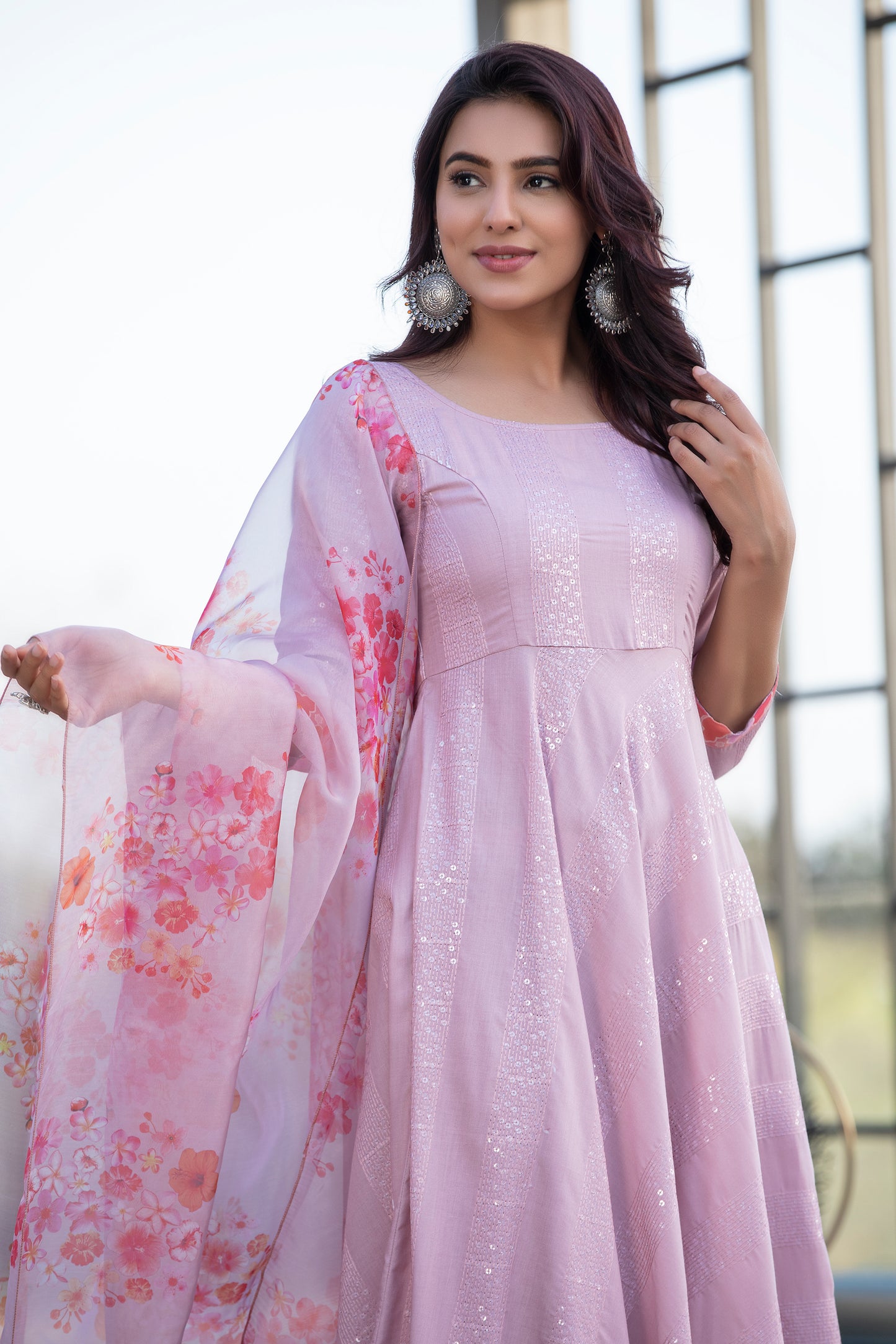 Rose Sequence Embroidered Kurta Set with Organza Dupatta