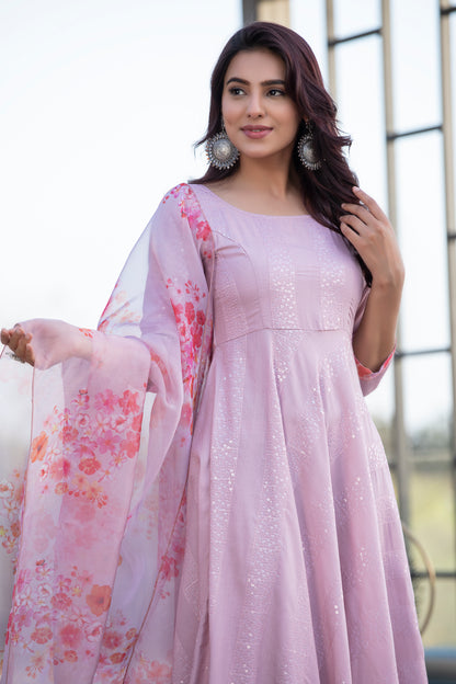 Rose Sequence Embroidered Kurta Set with Organza Dupatta